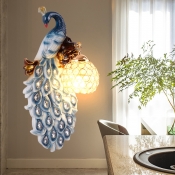 Artistic Peacock Flush Mount Wall Sconce 1-Light Resin Wall Mount Lamp in Blue with Crystal Lampshade