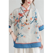 Tribal Style Women's Shirt Blouse Contrast Panel Tree Pattern Horn Button Half Sleeves Regular Fitted Shirt Blouse