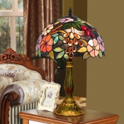 Stained Art Glass Dome Night Lamp Tiffany 1 Head Antiqued Brass Table Light with Grape and Flower Pattern