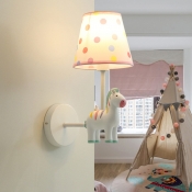 Cartoon Tapered Wall Lamp Dot-Print Fabric 1 Bulb Kids Room Wall Sconce with Horse Decoration