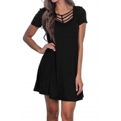 Crisscross Tie Front Short Sleeve Black Mini Dress