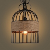 Wrought Iron Birdcage Pendant Light Fixture Rustic 1 Head Restaurant Ceiling Lamp with Rope Decor in Black