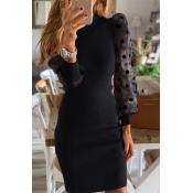 Unique Pretty Girls' Puff Sleeve Crew Neck Sequined Sheer Mesh Patched Plain Short Tight Dress for Party