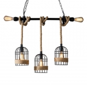Birdcage Wrought Iron Ceiling Pendant Farm Style Restaurant Hanging Lighting with Rope in Black