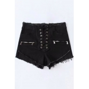 Cool Street Black Low Waist Lace Up Front Tassel Trim Zip Pocket Denim Shorts