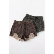 Summer Womens Shorts Leopard Patterned Mid Waist Distressed Fitted Deninm Shorts