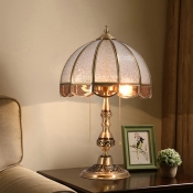 Brass Dome Nightstand Lamp Simplicity Ripple Glass 2 Bulbs Living Room Table Lighting with Pull Chain