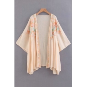 Floral Embroidered Collarless Long Sleeve Tunic Kimono