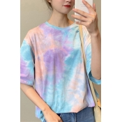 Leisure Women's Tee Top Tie Dye Pattern Round Neck Short Sleeves Relaxed Fit T-Shirt