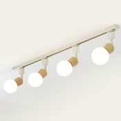 Bare Bulb Spotlight Semi Flush Light Nordic Wood 4-Head White Track Light Fixture
