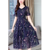 Womens Summer Chic Floral Embroidery V-Neck Short Sleeve Blue Midi A-Line Dress