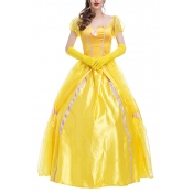 Amazing Yellow Dress Puff Sleeve Sweetheart Neck Contrasted Maxi Swing Dress with Glove