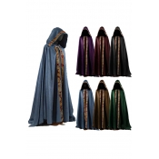 Tribal Cloak Contrast Trim Pleated Button Detailed Open Front Full Length Loose Fitted Hooded Cloak for Men