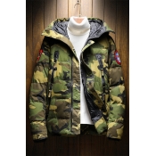 Mens Down Jacket Simple Camouflage Thick Bungee-Style Drawstring Zipper Detail Regular Fit Long Sleeve Hooded Jacket