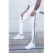 Men's Casual Zipper Fly Distressed Side Striped Denim Pants Skinny Jeans with Drawstringq