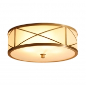 Brass Drum Shaped Ceiling Lamp Antique Style Ivory Glass Bedroom Flush Light Fixture