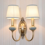 Vintage Tapered Wall Mount Lamp Fabric Sconce Light Fixture with Arc Arm in Brass