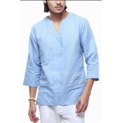 Men's Casual Loose V-Neck Three-Quarter Sleeve Solid Color Linen Pullover Shirt