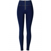 Edgy Girls Jeans Solid Color High Waist Zip Up Ankle Skinny Jeans in Dark Blue