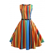 Fashionable Rainbow Colorful Striped Pattern V-Back Belted Midi Fit & Flare Dress