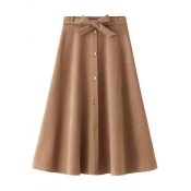 Womens Skirt Trendy Plain Bow-Tie Waist Single Breasted Midi High Waist A-Line Swing Skirt