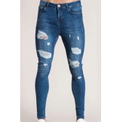 Chic Distressed Jeans Pocket Detail Zipper Fly Slim Fit Full Length Jeans for Men