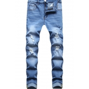 Classic Mens Jeans Light Wash Zipper Fly Ripped Skinny Fit Full Length Jeans with Pockets
