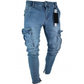 Popular Mens Jeans Plain Light Wash Ripped Zipper Fly Flap Pockets Slim Fit Jeans