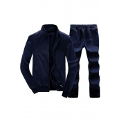 Leisure Set Pure Color Ribbed Stand Collar Zip-Fly Jacket Drawstring Waist Long Pants Two Piece Set for Men
