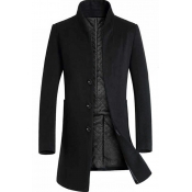 Mens Trendy Woolen Coat Plain Stand Collar Single Breasted Pocket Detail Fitted Woolen Coat