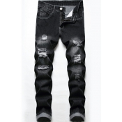 Classic Mens Jeans Dark Wash Distressed Zipper Fly Full Length Slim Fit Jeans
