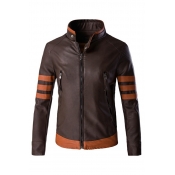 Mens Casual PU Leather Striped Print Stand Collar Zipper Embellished Slim Fit Long Sleeve Zip-up PU Jacket