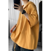 Simple Hoodie Pure Color 3/4 Sleeve Drawstring Loose Fitted Hoodie for Boys