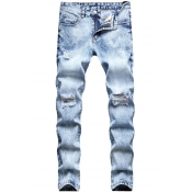 Casual Men's Jeans Destroyed Design Zip Fly Pockets Light Washing Effect Straight Jeans