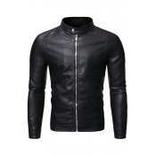 Simple Mens PU Jacket Pure Color Stand Collar Regular Fit Long Sleeve Zipper-down Leather Jacket in Black