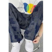 Edgy Wide Leg Pants Checkered Printed Washed Mid Rise Elastic Waist Straight Leg Pants for Men