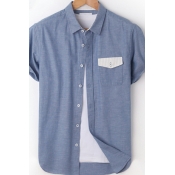 Popular Blue Shirt Contrasted Patched Short Sleeve Point Collar Button up Slim Fit Shirt Top for Men
