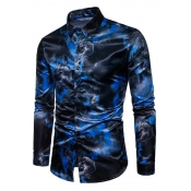 Cool Mens Shirt 3D Fire Patterned Single-Breasted Collar Long Sleeve Slimming Shirt