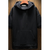 Edgy Mens Hoodie Plain Patchwork Front Pocket Drawstring Short Sleeve Relaxed Hoodie