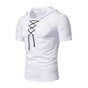 Creative Tee Top Solid Lace-up Short Sleeves Fitted Hooded Tee Top for Men