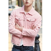 Creative Jacket Pure Color Pocket Detailed Turn-down Collar Slimming Denim Jacket for Guys