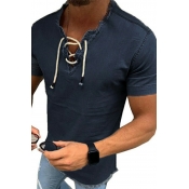 Mens Stylish Shirt Solid Color Lace V-Neck Short Sleeved Slim Fit Shirt