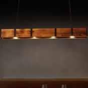 Linear Island Pendant Light Loft Style Wood and Metal 4 Lights Dining Room Island Lighting in Brown