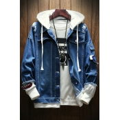 Guy's Freestyle Jacket Fake Two Piece Pocket Designed Turn-down Collar Relaxed Hooded Denim Jacket