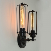 Industrial Iron Tubular Cage 2 Lights 12 Inchs Length in Black LED Wall Sconce for Corridor