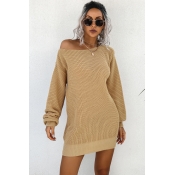 Simple Sweater Dress Solid Boat Neck Long Puff Sleeve Mini Pullover Womens Dress