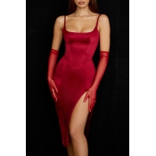 Sexy Cami Dress Plain Spaghetti Straps Side Split Midi Womens Dress