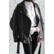 Leisure Womens Jacket PU Leather Notched Lapel Collar Zipper Fly Belted Long Sleeve Oversized Biker Jacket