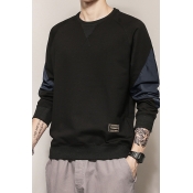 Cozy Sweatshirt Contrast Sitching Patched Round Collar Long Sleeves Fitted Sweatshirt for Men