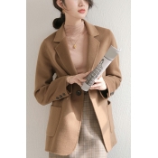 Classic Womens Blazer Solid Color Long Sleeve Notched Collar Single Button Regular Fit Wool Coat